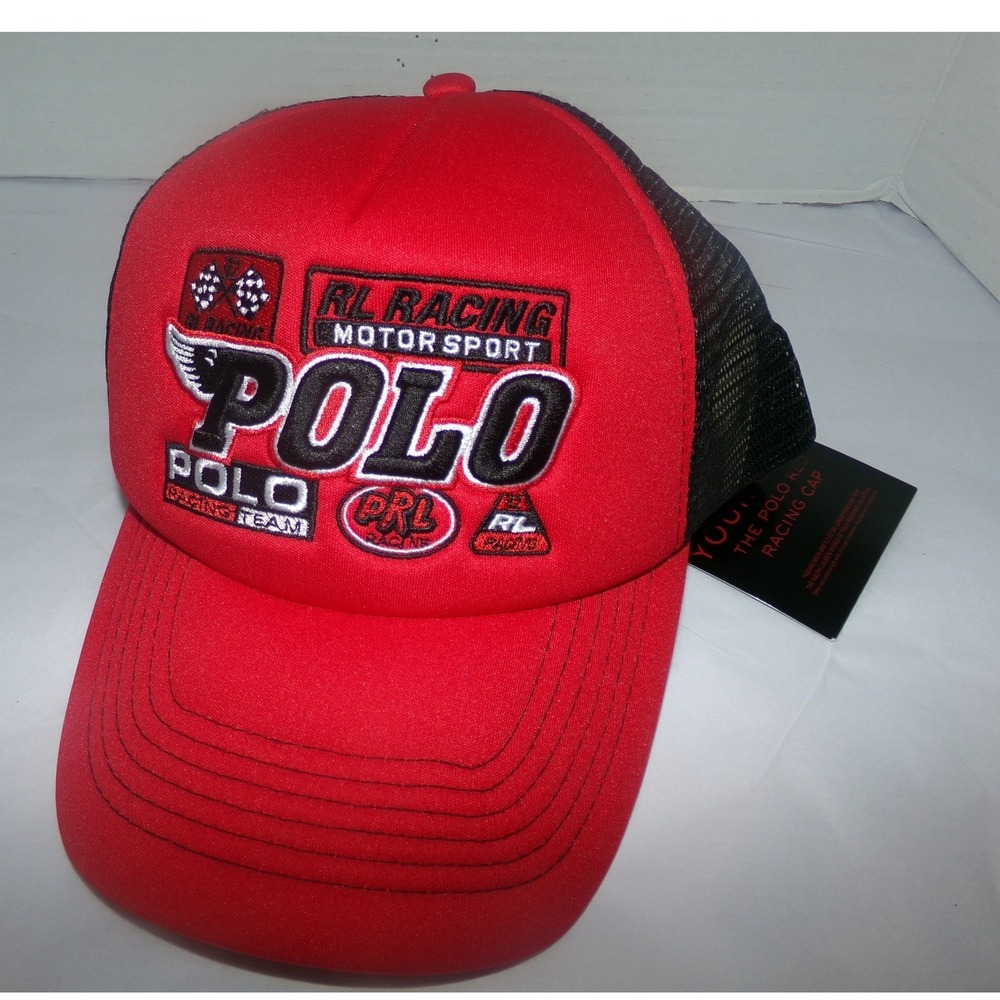 Ralph Lauren Polo Red Racing Trucker Hat RL Motorsport Mesh Snapback Cap Red